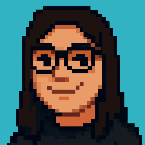 Pixel-art portrait of Almendra: long dark hair, glasses, a black hoodie, and a small smile.